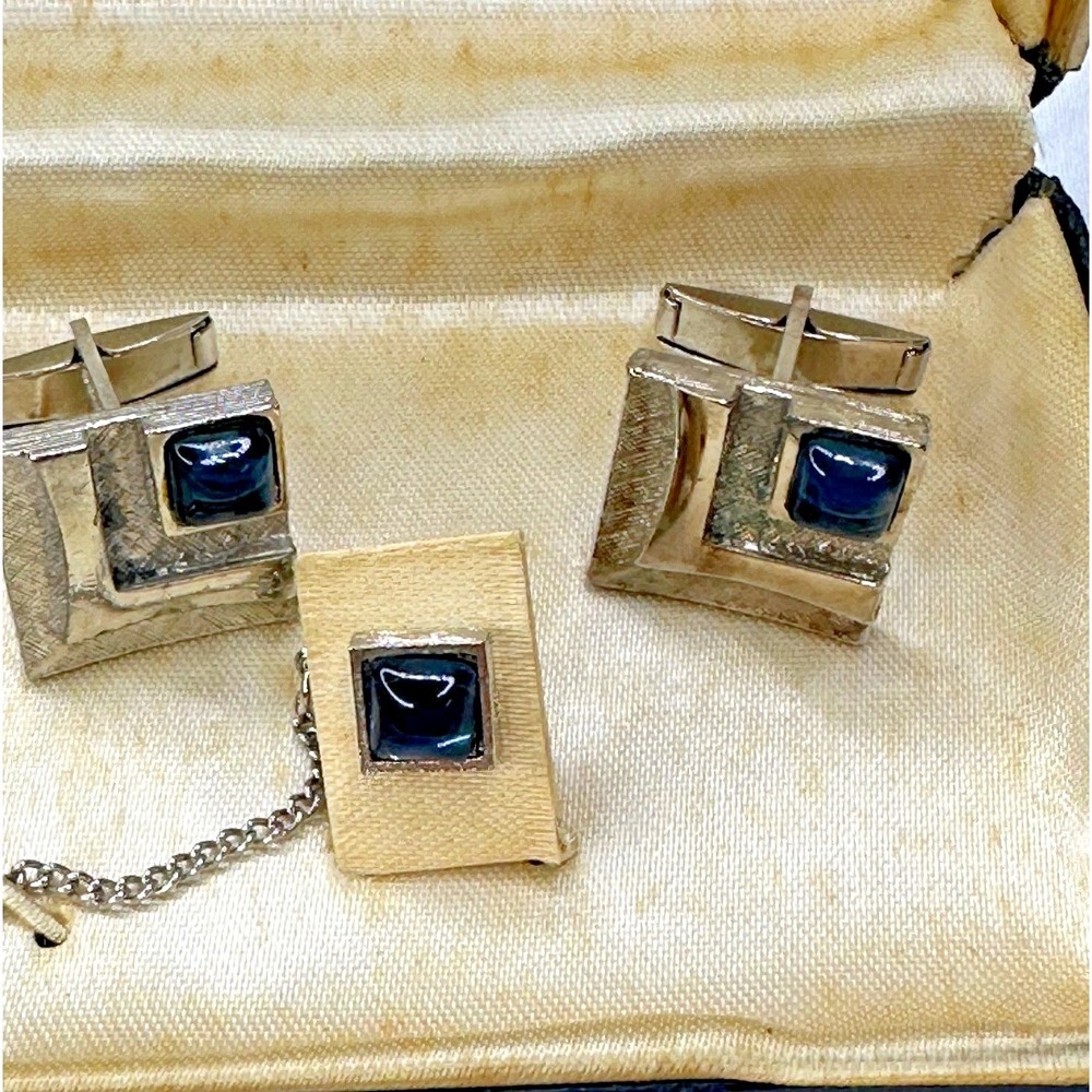 Kasmir cufflinks Tie Tack Set Blue Stone Square Silver Tone Vintage Boxed